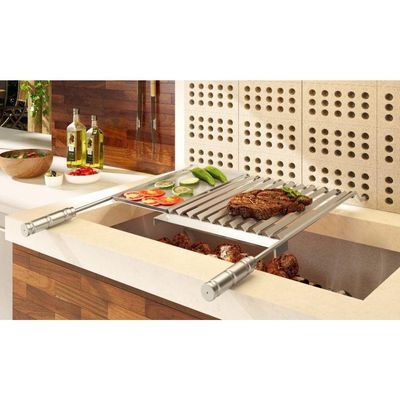 Grelha Para Churrasco Em Aço Inox Com Chapa Auxiliar E Coletor De Gordura 77x65 Cm