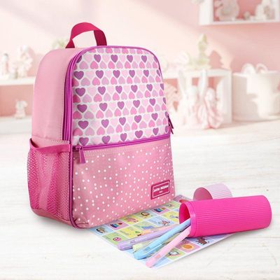 Kit Mochila Infantil + Porta Acessórios Jacki Design Coração Rosa