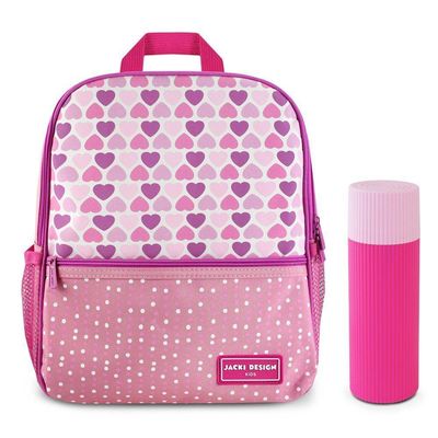 Kit Mochila Infantil + Porta Acessórios Jacki Design Coração Rosa