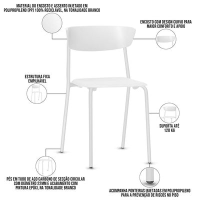 Kit 02 Cadeiras Empilhável Fixa Atom F02 Base Aço Branco - Lyam Decor