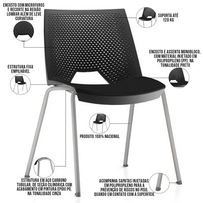 Kit 02 Cadeiras Empilhável Fixa Liked F02 Base Aço Cinza Preto - Lyam Decor