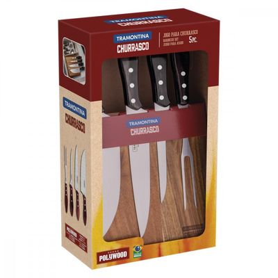 Jogo para Churrasco Tramontina com Laminas em Aço Inox e Cabos em Madeira Polywood Castanho 5 Peças