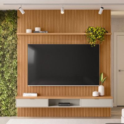 Painel Ripado Para TV 75 Pol Slats e Bancada Lisa 219x250cm L05 Nature Off White - Lyam Decor