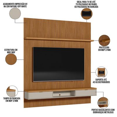 Painel Ripado Para TV 75 Pol Slats e Bancada Lisa 219x250cm L05 Nature Off White - Lyam Decor