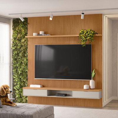 Painel Ripado Para TV 75 Pol Slats e Bancada Lisa 219x250cm L05 Nature Off White - Lyam Decor