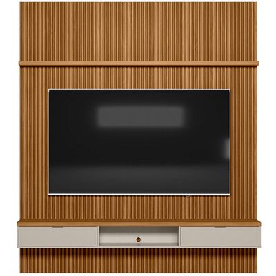 Painel Ripado Para TV 75 Pol Slats e Bancada Lisa 219x250cm L05 Nature Off White - Lyam Decor