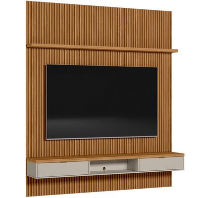 Painel Ripado Para TV 75 Pol Slats e Bancada Lisa 219x250cm L05 Nature Off White - Lyam Decor