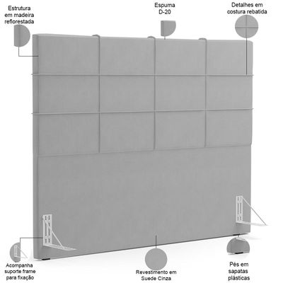 Kit Cabeceira Cama Box King 195cm com Calçadeira Roma W01 Suede Cinza - Lyam