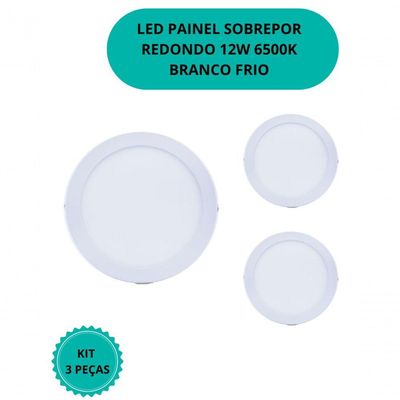 Plafon Led Sobrepor 12w Redondo 6500k Branco Frio Bivolt - Kit Com 3 Un.
