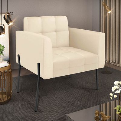 Poltrona Sala Decorativa Elisa Pé de Aço Lateral Preto Sintético PU Bege D03 - D'Rossi
