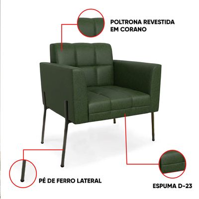 Poltrona Sala Decorativa Elisa Pé de Aço Lateral Preto Sintético PU Verde D03 - D'Rossi