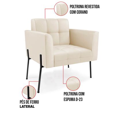 Poltrona Sala Decorativa Elisa Pé de Aço Lateral Preto Sintético PU Bege D03 - D'Rossi