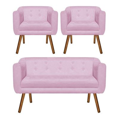 Kit Sofá Retrô 02 Lugares e 02 Poltronas Júlia Rosa Bebê