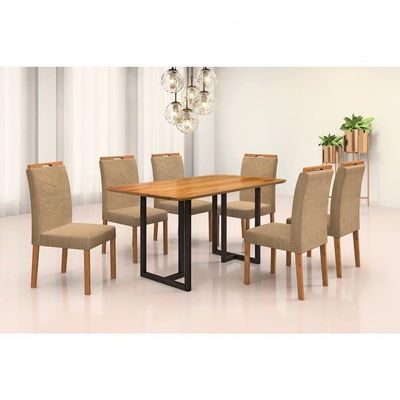 Conjunto De Jantar Viena Com 6 Cadeiras Base Goiás Bm Tubulares Cinamomo-linho Bege 306