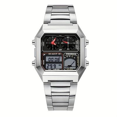 Relógio Digital Masculino Design Clássico Duplo Display Em Aço Inoxidável 3atm Prata