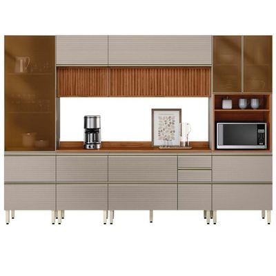 Cozinha Modulada Proença 6 Peças Com Paneleiro 1 Forno E Aéreo 120cm Ripado Nogueira Touch/Nude Prime Tx - Demartêz
