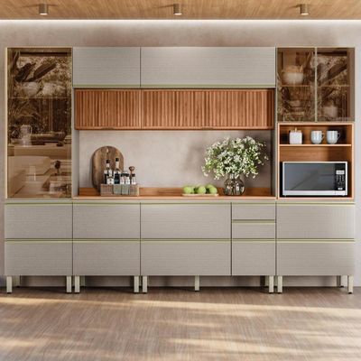 Cozinha Modulada Proença 6 Peças Com Paneleiro 1 Forno E Aéreo 120cm Ripado Nogueira Touch/Nude Prime Tx - Demartêz