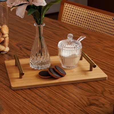 Bandeja De Bambu Com Alça De Metal Dourada 30 X 21 Cm Seattle Wolff