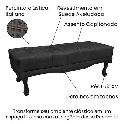 Recamier 1,95m Com Pés Luiz Xv E Acabamento Luxo Em Tecido Suede Vicenza - Lucadi Preto