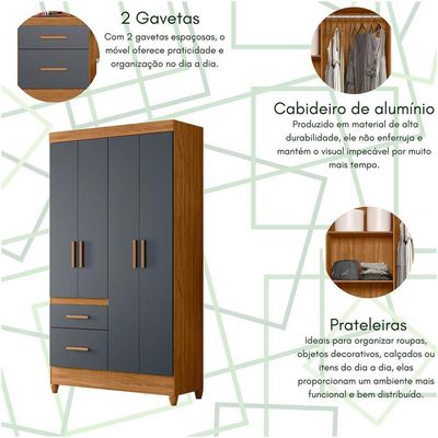 Guarda-roupa Madri Pequeno Quarto 4 Portas 2 Gavetas Freijo Com Cinza