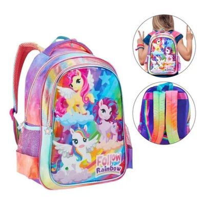 Mochila Costas Unicórnio Escolar Infantil Menina Follow Rainbow Denlex