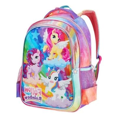 Mochila Costas Unicórnio Escolar Infantil Menina Follow Rainbow Denlex