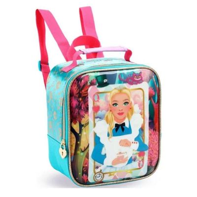 Kit Mochila Rodinha Lancheira Estojo Alice Baralho Infantil Escolar Azul Denlex