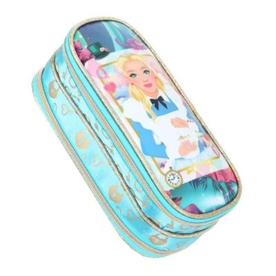 Kit Mochila Rodinha Lancheira Estojo Alice Baralho Infantil Escolar Azul Denlex