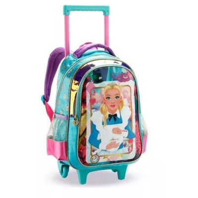 Kit Mochila Rodinha Lancheira Estojo Alice Baralho Infantil Escolar Azul Denlex