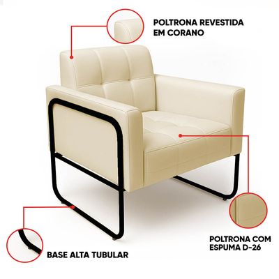 Poltrona Sala Decorativa Kit 2 Elisa Base Tubular Alta Preta Sintético PU Bege D03 - D'Rossi