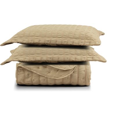 Kit Colcha Cobre Leito Plissê Queen Seersucker Premium 3 Peças Maciez e Leveza com Textura 3D Bege Mel