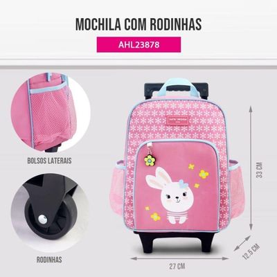 Kit Mochila Com Rodinhas E Lancheira Térmica Com Pote P/ Lanche Rosa