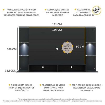Painel Com Suporte Tv 60" E 2 Leds Multimóveis V3677 Preto