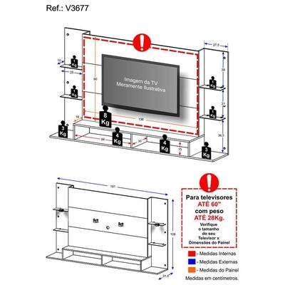 Painel Com Suporte Tv 60" E 2 Leds Multimóveis V3677 Preto