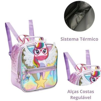 Lancheira Térmica Infantil Escolar Menina Unicórnio Lilás Denlex