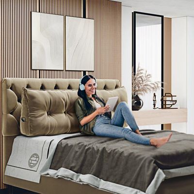 Almofada Para Cabeceira Encosto Apoio Lombar Spot 195cm Com Porta Celular Veludo - Abmaza Cor Bege