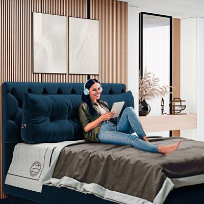 Almofada Para Cabeceira Encosto Apoio Lombar Spot 195cm Com Porta Celular Veludo - Abmaza Azul