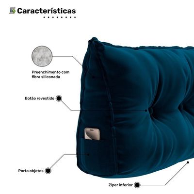 Almofada Para Cabeceira Encosto Apoio Lombar Spot 195cm Com Porta Celular Veludo - Abmaza Azul