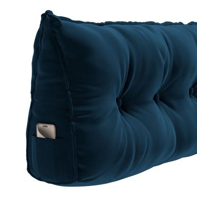 Almofada Para Cabeceira Encosto Apoio Lombar Spot 195cm Com Porta Celular Veludo - Abmaza Azul