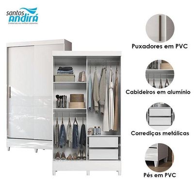 Guarda Roupa Solteiro 2 Portas De Correr Com Pés Fit Branco Brilho - Santos Andirá