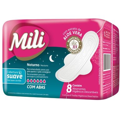 Absorvente Fluxo Intenso Suave com Abas  Noturno MILI   1 Pacote  de 8 Unidades