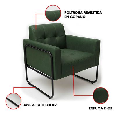Poltrona Sala Decorativa Elisa Base Tubular Alta Preta Sintético PU Verde D03 - D'Rossi
