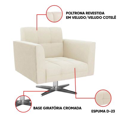 Poltrona Sala Decorativa Elisa Base Giratória Cromada Cotelê Ext/Veludo Bege D03 - D'Rossi