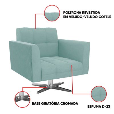 Poltrona Sala Decorativa Elisa Base Giratória Cromada Cotelê Ext/Veludo Menta D03 - D'Rossi