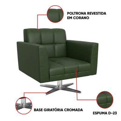 Poltrona Sala Decorativa Elisa Base Giratória Cromada Sintético PU Verde D03 - D'Rossi
