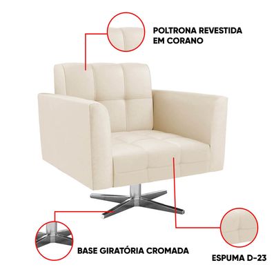Poltrona Sala Decorativa Elisa Base Giratória Cromada Sintético PU Bege D03 - D'Rossi