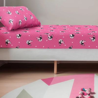 Jogo de Cama Solteiro Portallar Malha Misto Estampado Bulldog Frances 2 Pçs com Elastico Pink