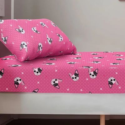 Jogo de Cama Solteiro Portallar Malha Misto Estampado Bulldog Frances 2 Pçs com Elastico Pink