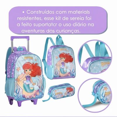 Kit Mochila Carrinho 16 Estojo E Lancheira Sereias Encantos