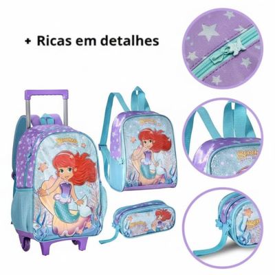 Kit Mochila Carrinho 16 Estojo E Lancheira Sereias Encantos